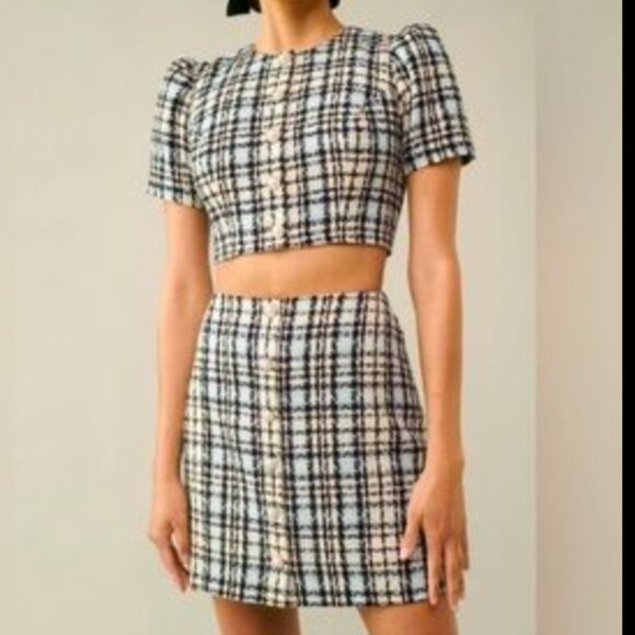 REFORMATION Two Piece Cropped Blazer and Skirt Set Size 10 in Plaid Tweed - Picture 14 of 16